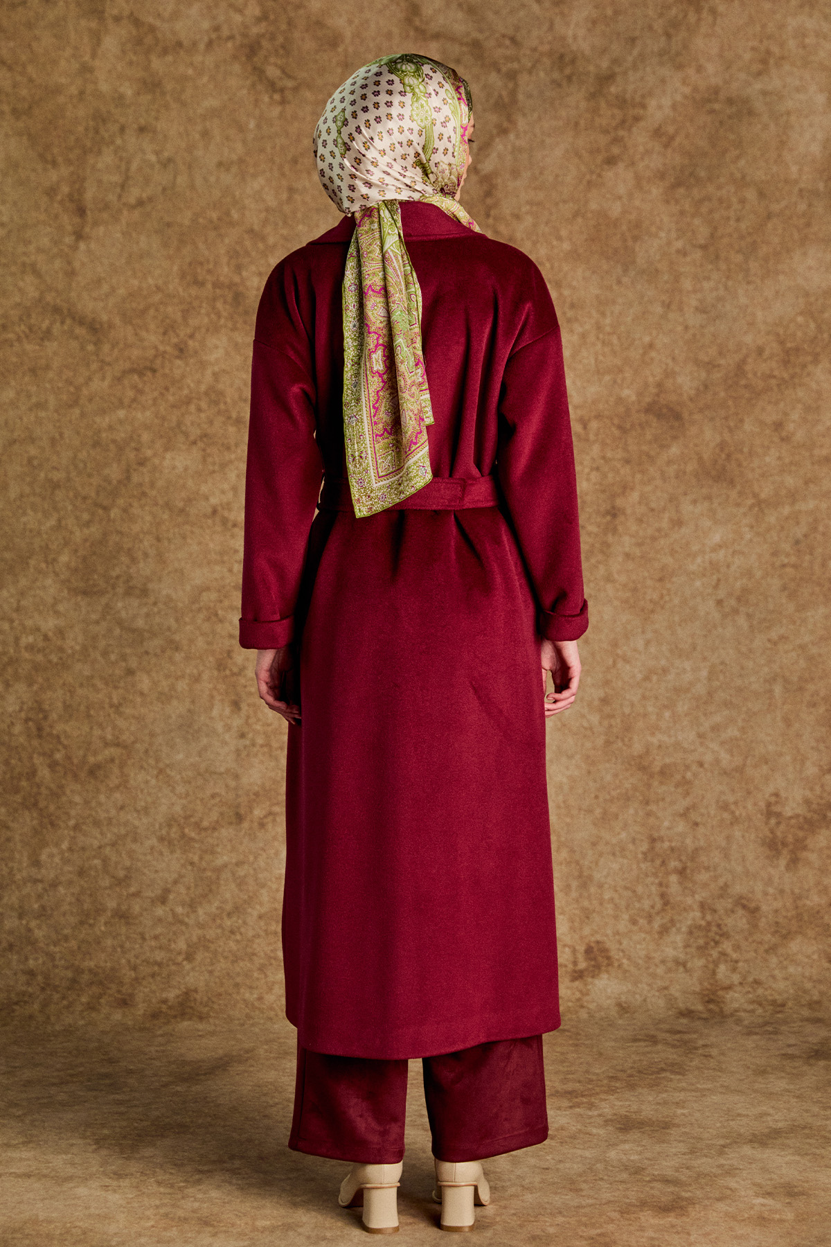 Ceket Yakalı Kuşaklı Kruvaze Kaşe Kaban