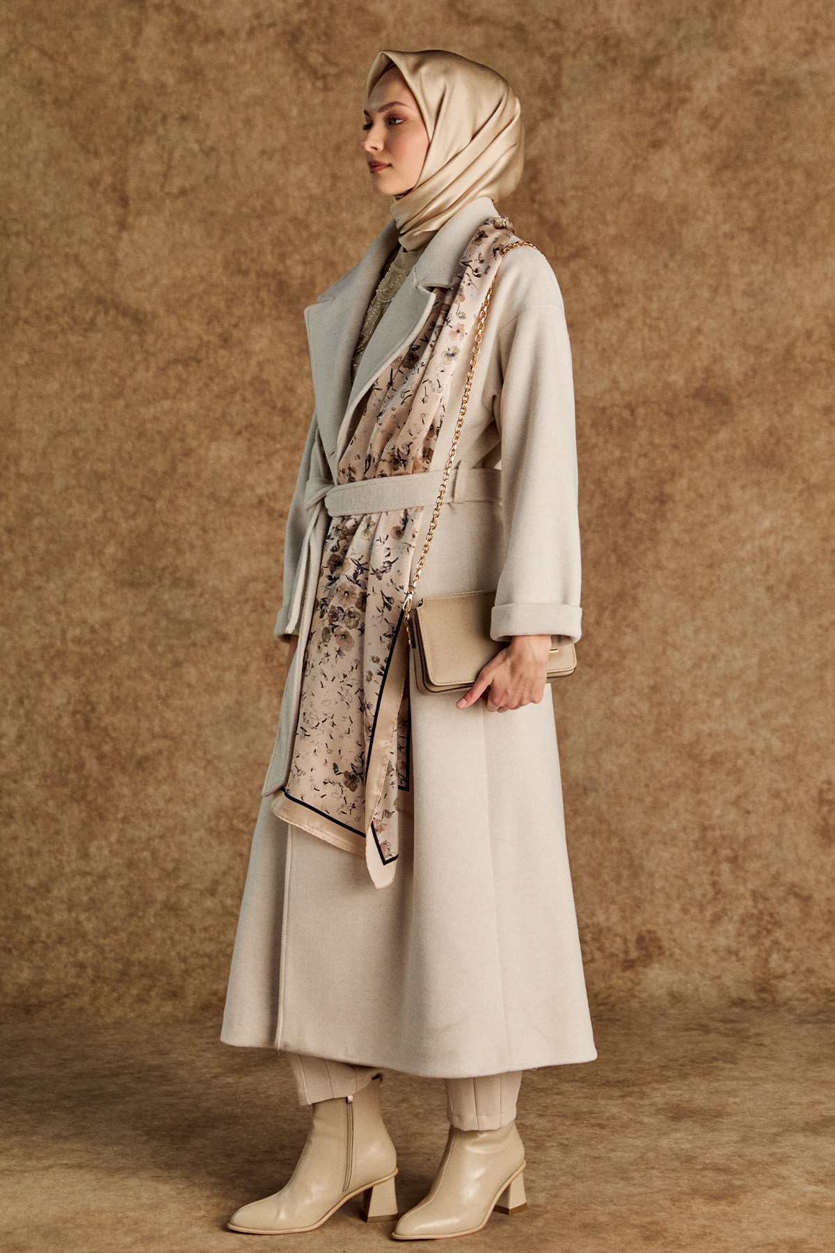 Kuşaklı Kruvaze Kaşe Kaban, Tesettür Giyim