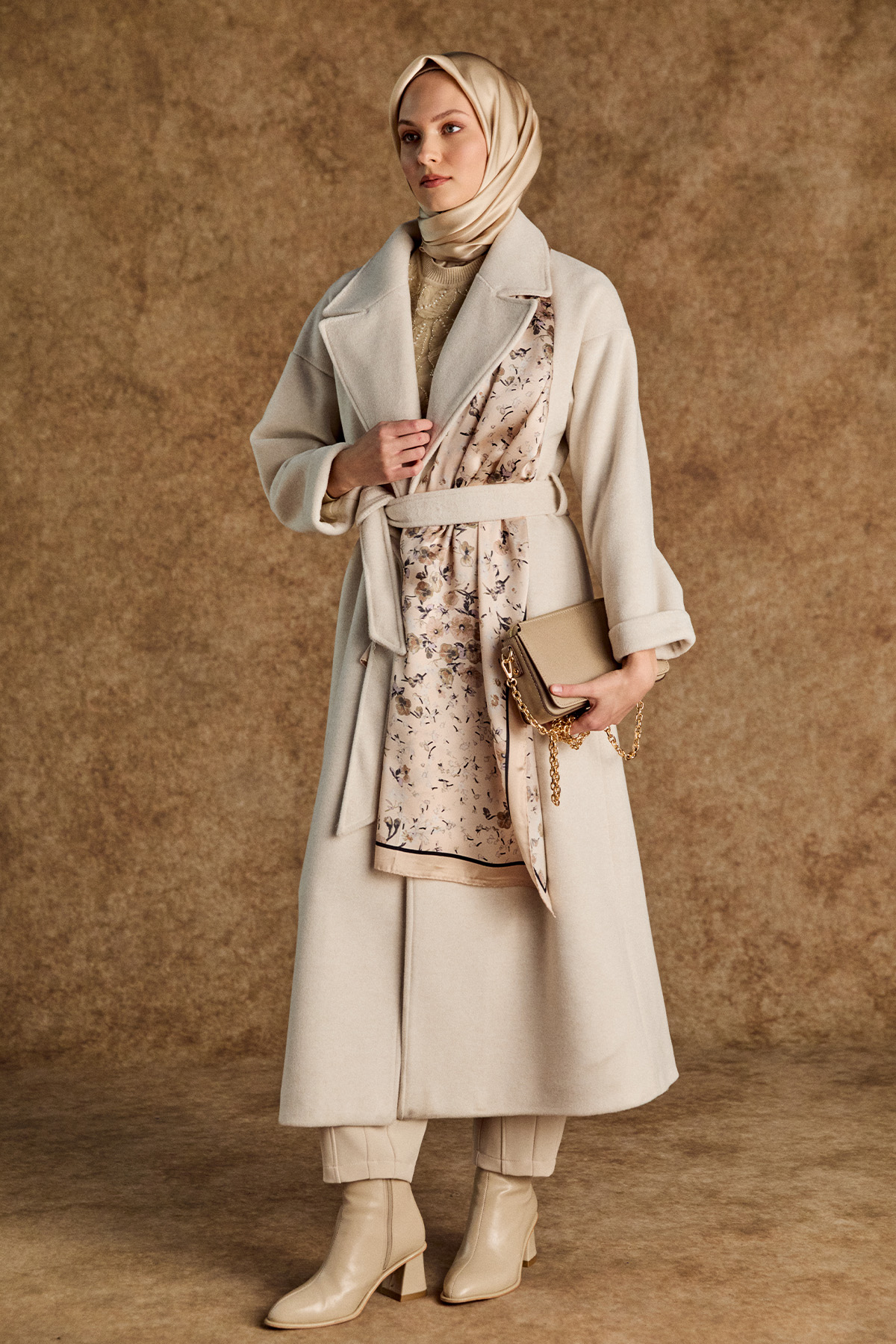 Kuşaklı Kruvaze Kaşe Kaban, Tesettür Giyim