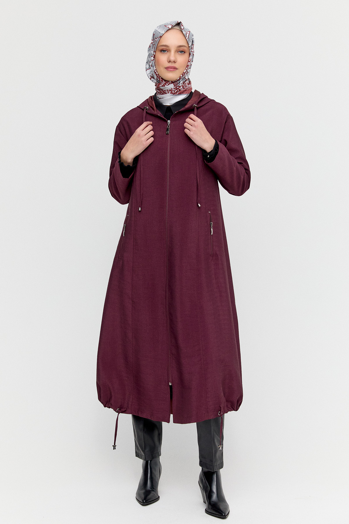 Kapüşonlu Fermuarlı Bağcıklı Pardesü