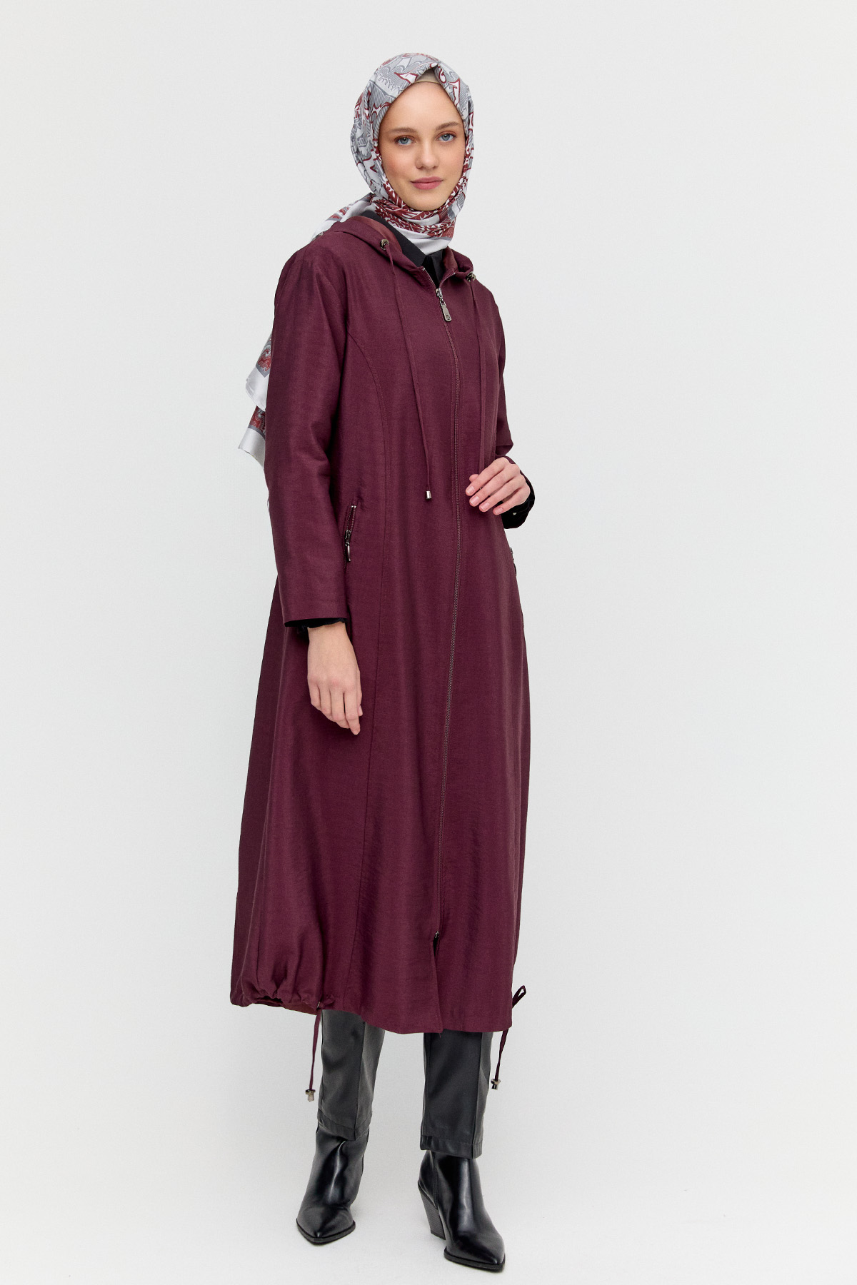 Kapüşonlu Fermuarlı Bağcıklı Pardesü