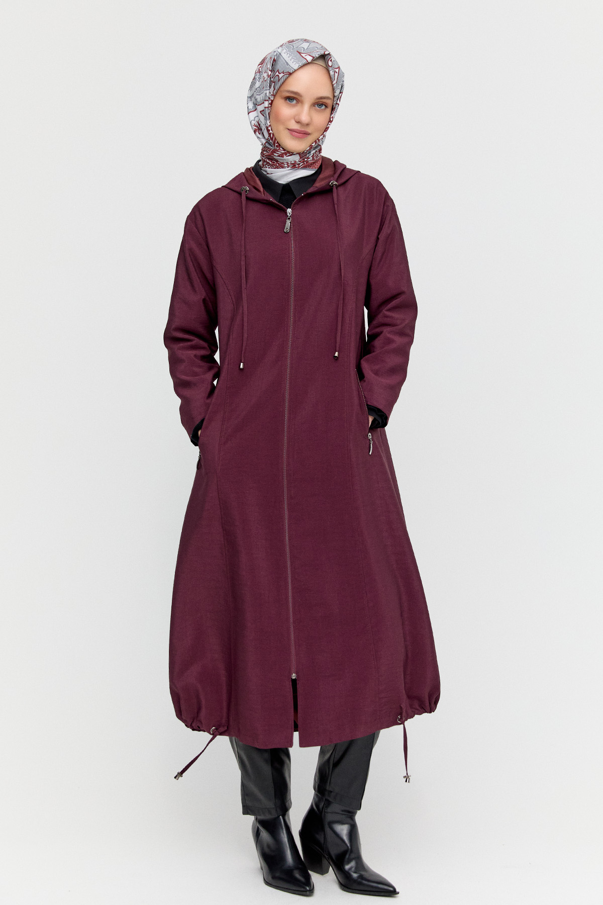 Kapüşonlu Fermuarlı Bağcıklı Pardesü