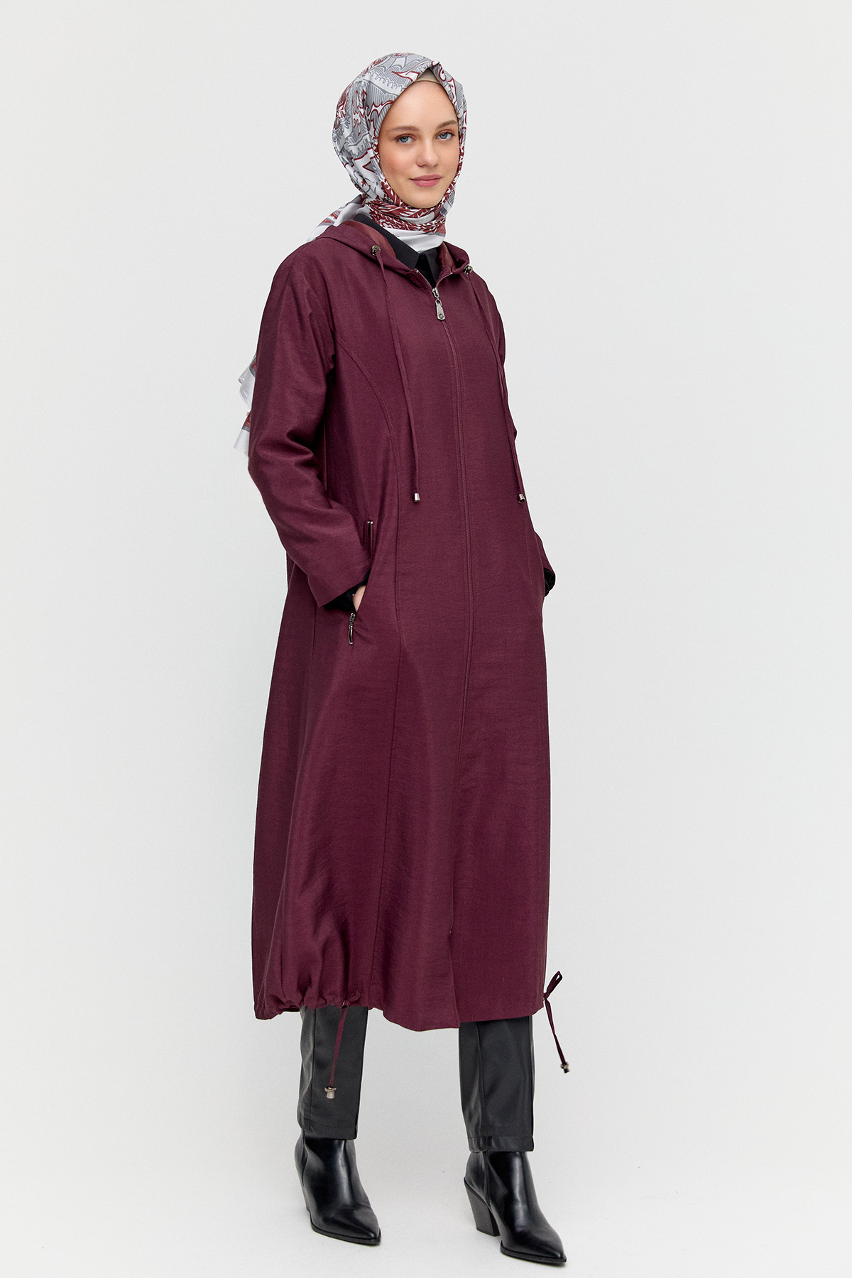 Kapüşonlu Fermuarlı Bağcıklı Pardesü