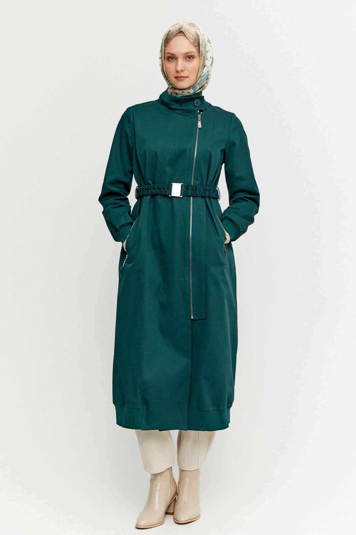 Ribanalı Kruvaze Fermuarlı Pardesü, Tesettür Giyim