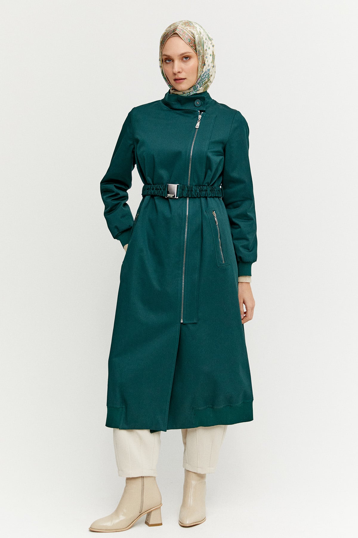 Ribanalı Kruvaze Fermuarlı Pardesü, Tesettür Giyim