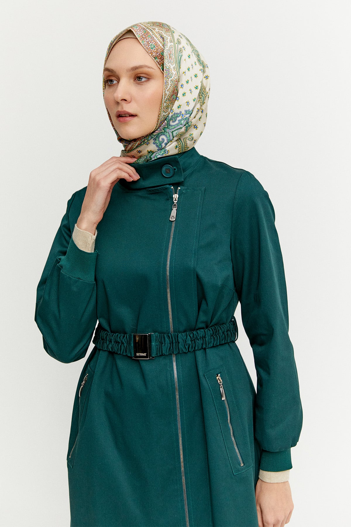 Ribanalı Kruvaze Fermuarlı Pardesü, Tesettür Giyim