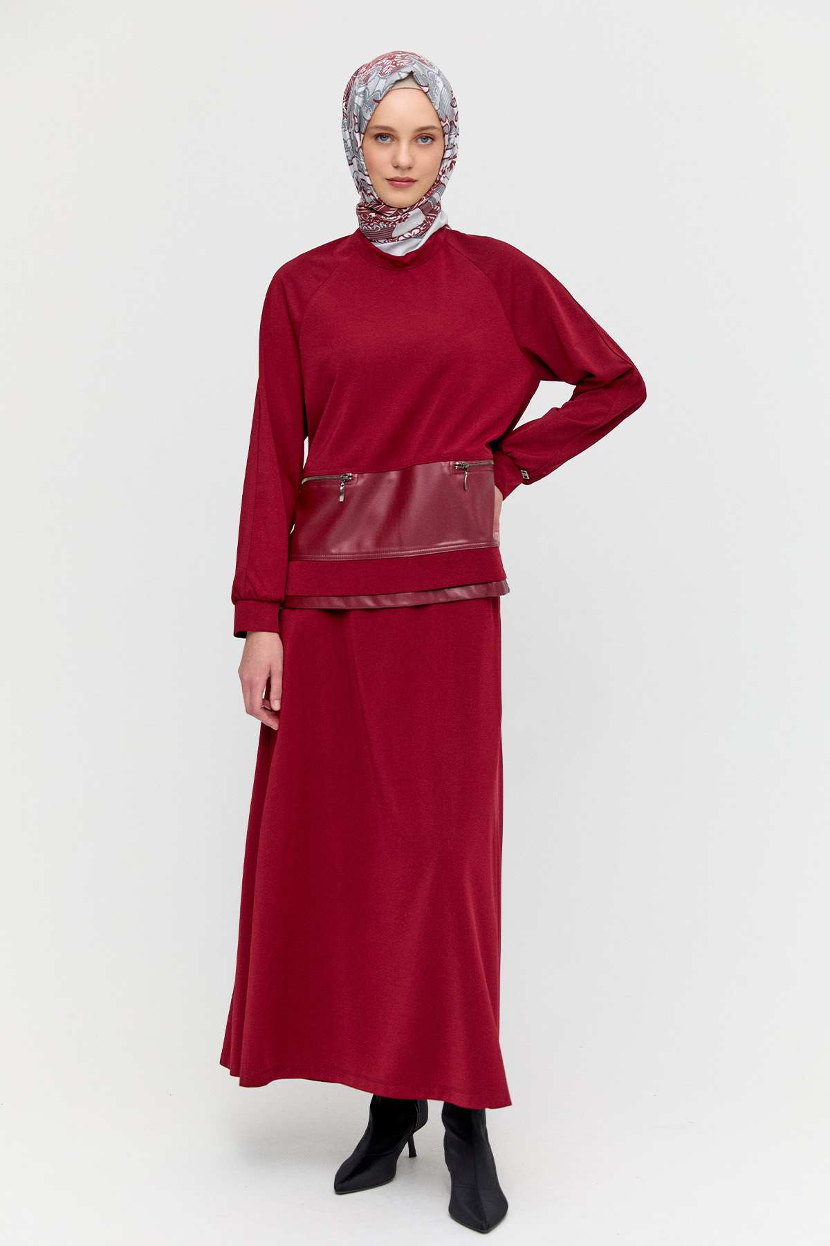 Deri Detaylı Etekli İkili Takım