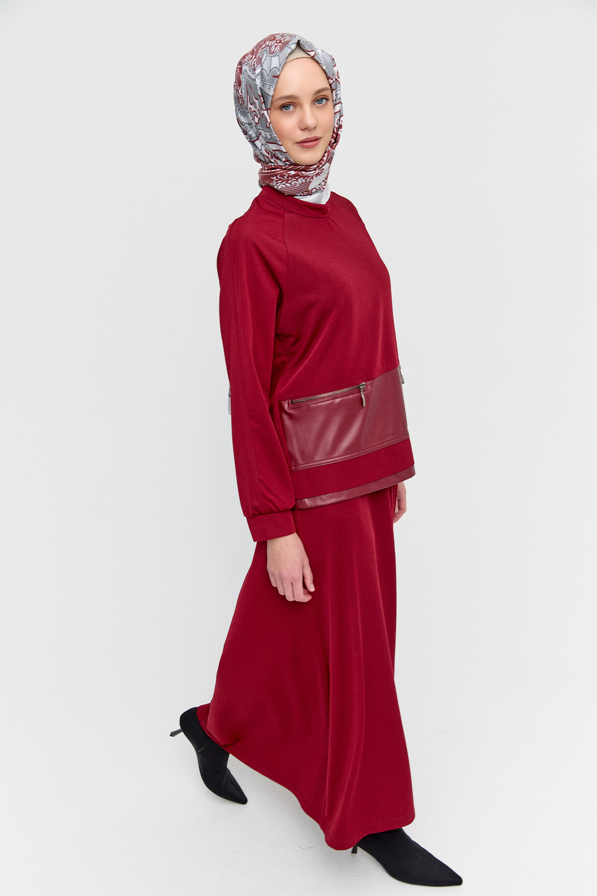 Deri Detaylı Etekli İkili Takım