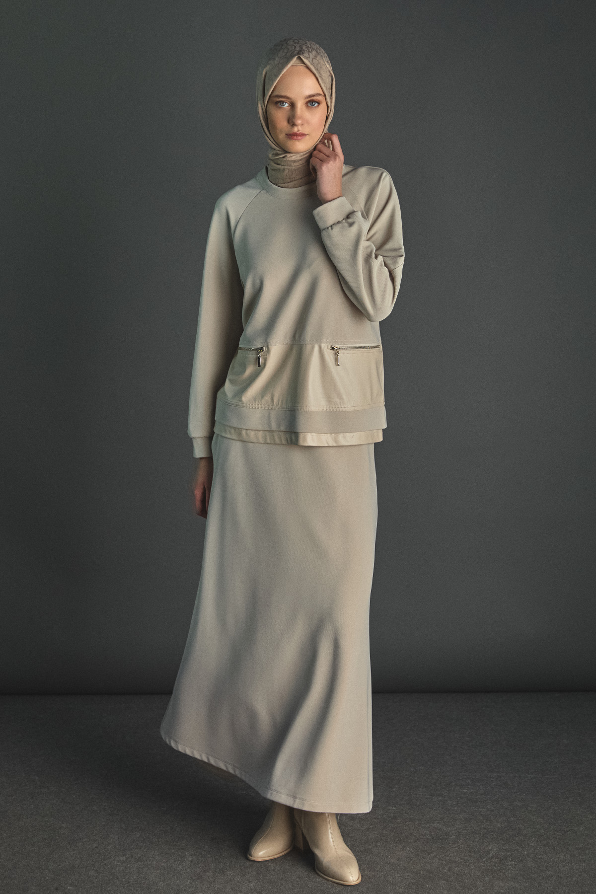 Deri Detaylı Etekli İkili Takım