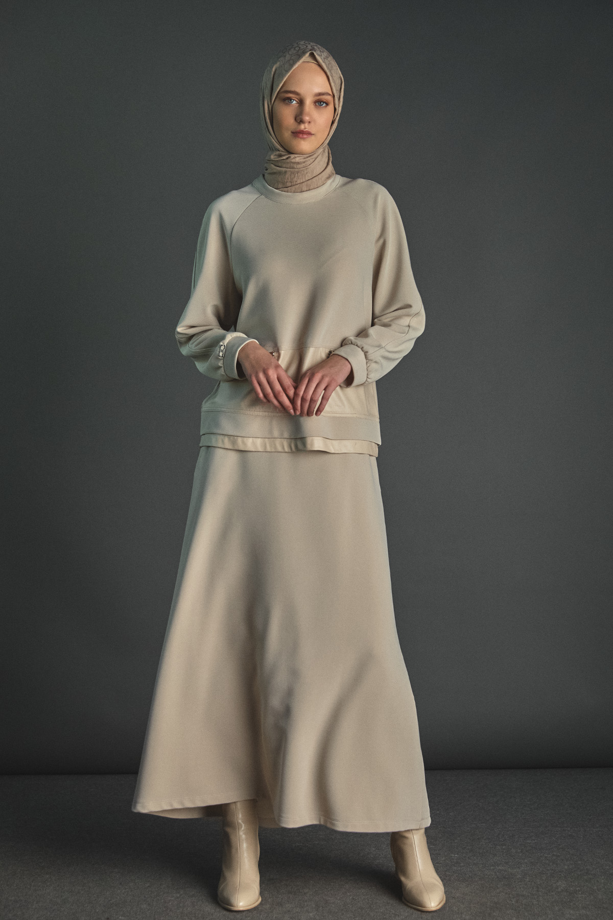 Deri Detaylı Etekli İkili Takım