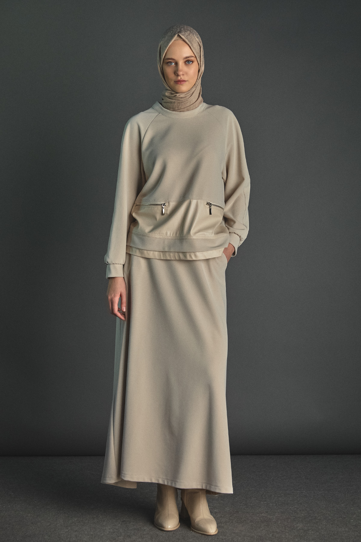 Deri Detaylı Etekli İkili Takım