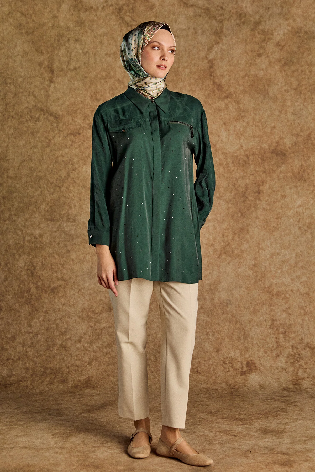 Desenli İlik Düğme Kapamalı Tunik, Tesettür Giyim