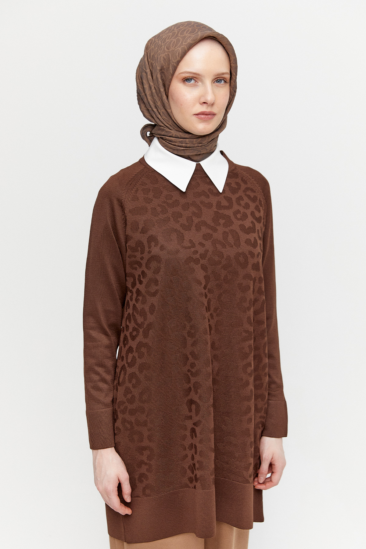 Leopar Desenli Reglan Triko Tunik, Tesettür Giyim