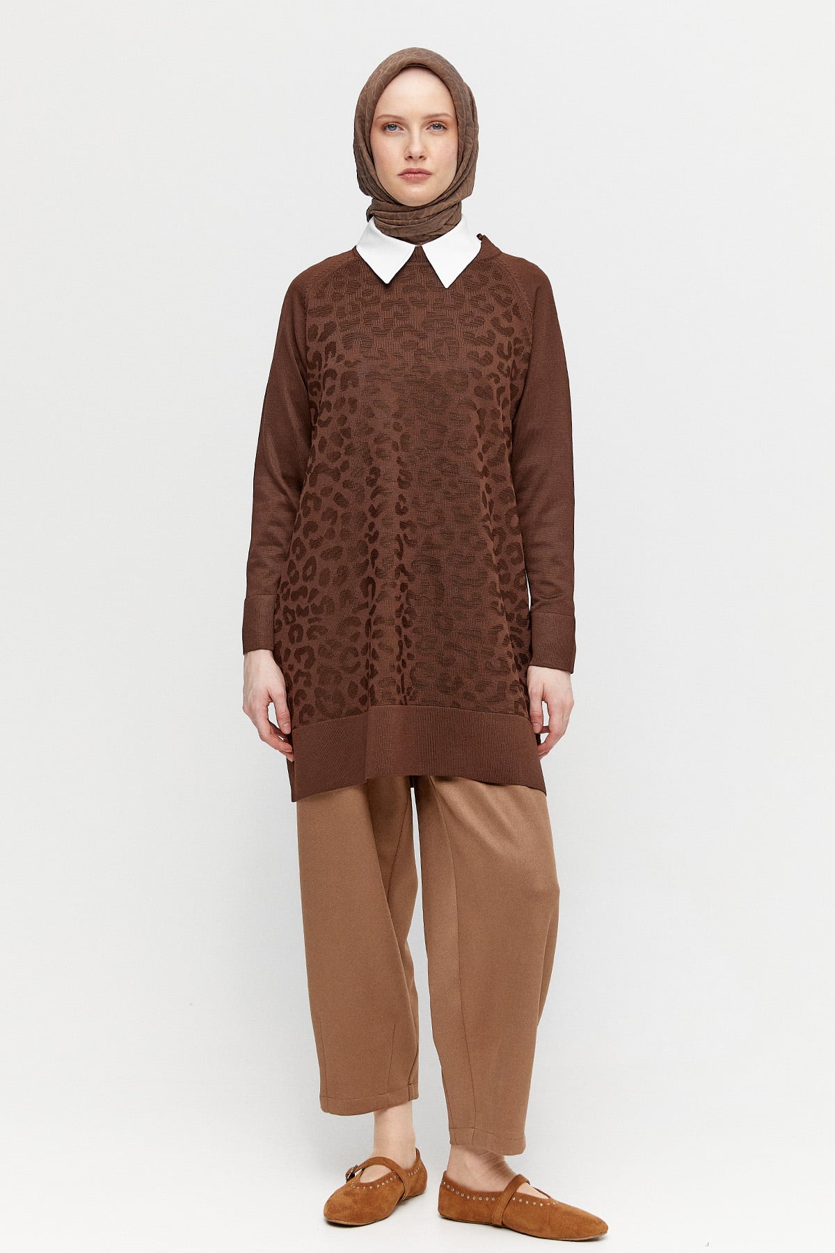 Leopar Desenli Reglan Triko Tunik, Tesettür Giyim