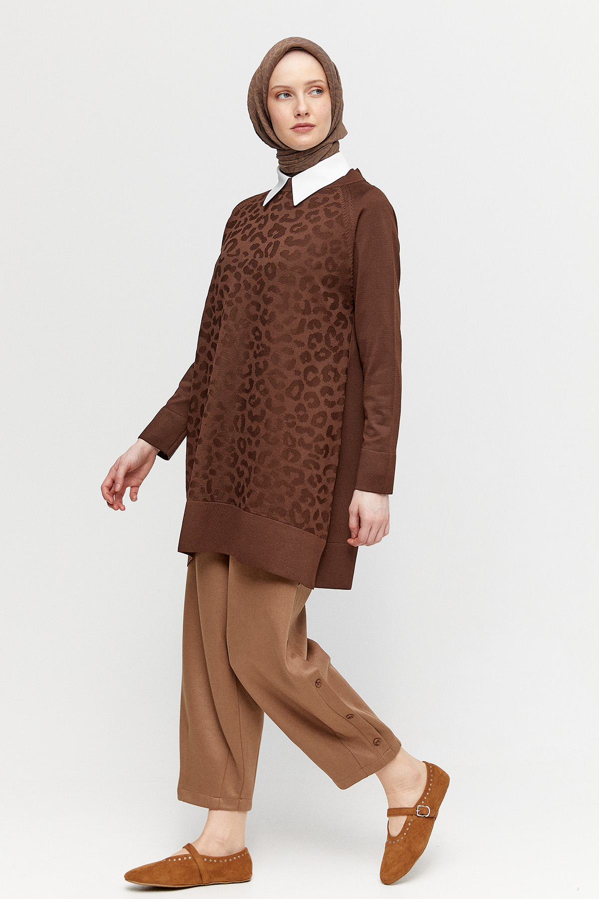 Leopar Desenli Reglan Triko Tunik, Tesettür Giyim