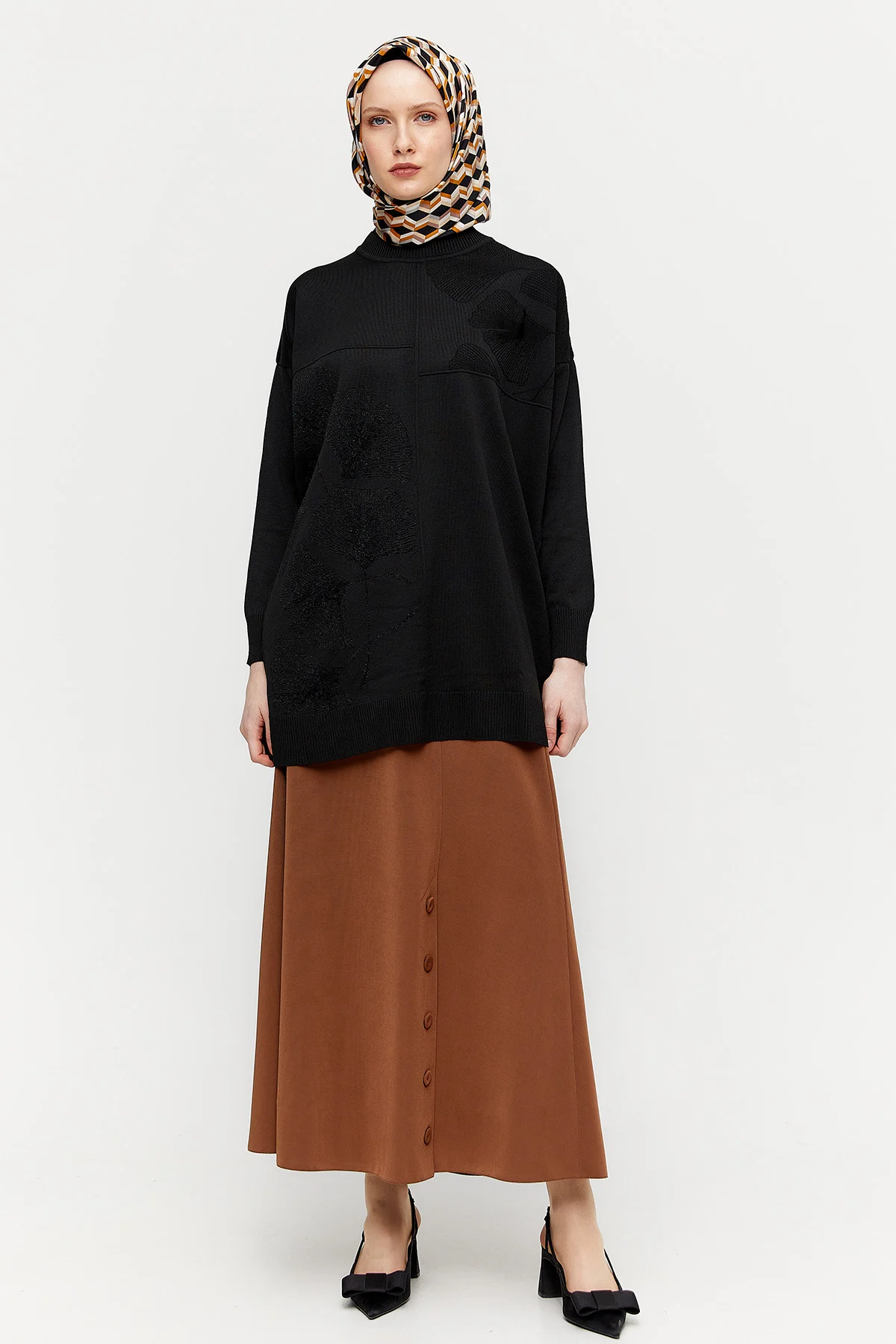 Yaprak Desenli Simli Triko Tunik, Tesettür Giyim