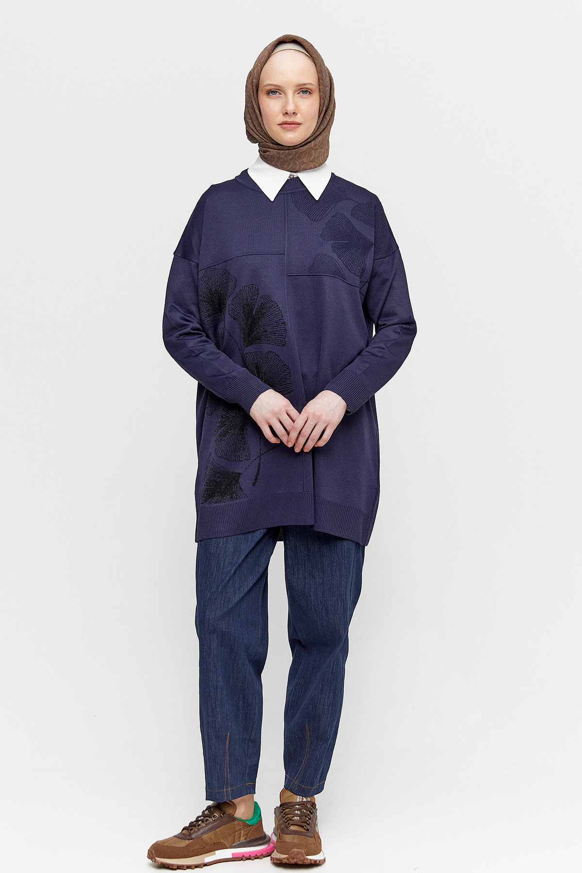 Yaprak Desenli Simli Triko Tunik