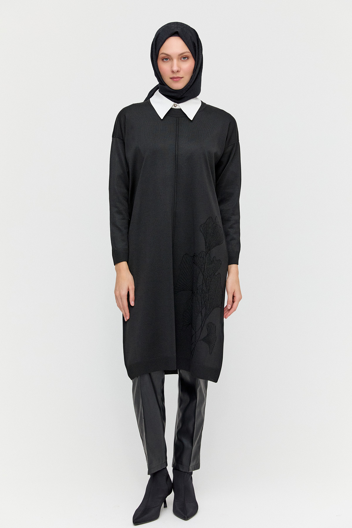 Yaprak Desenli Uzun Triko Tunik