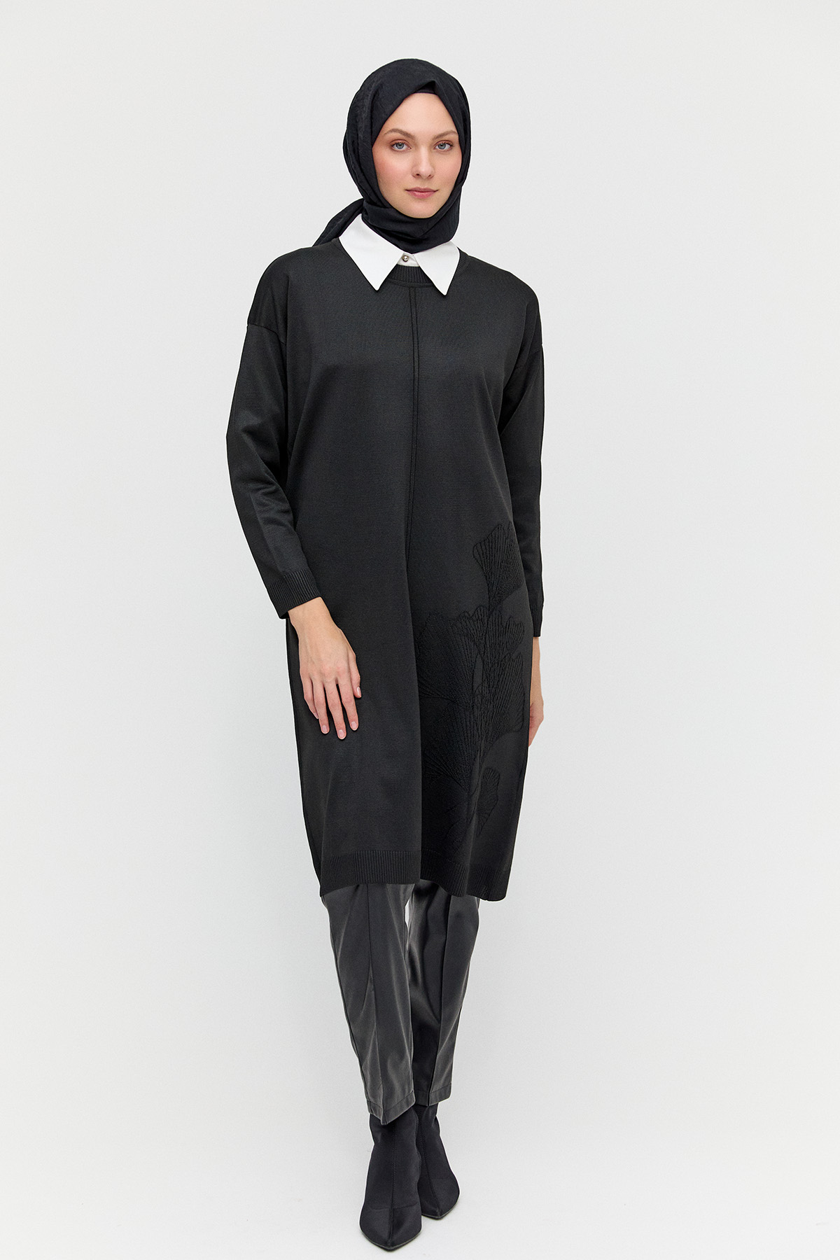 Yaprak Desenli Uzun Triko Tunik