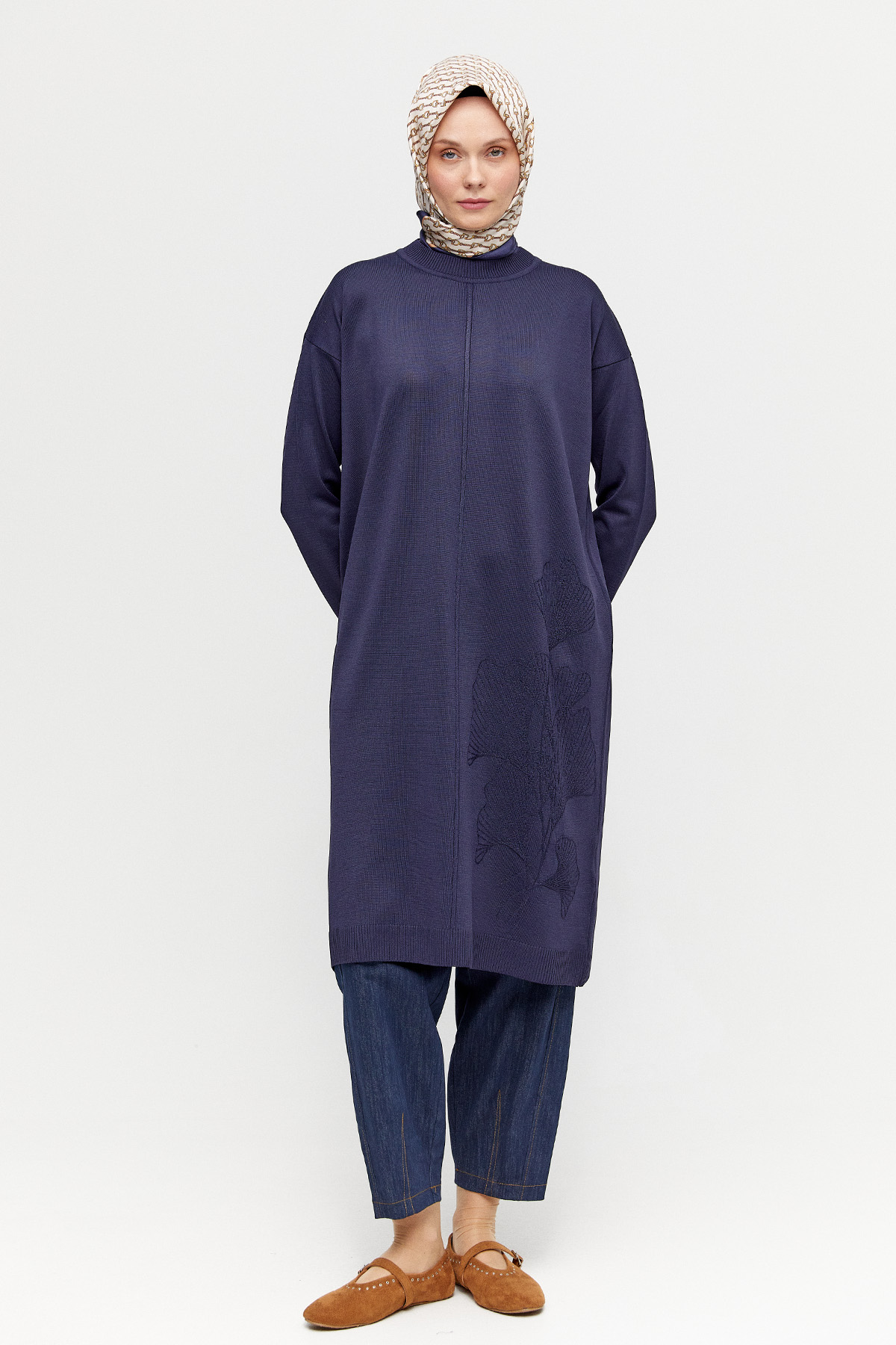 Yaprak Desenli Uzun Triko Tunik