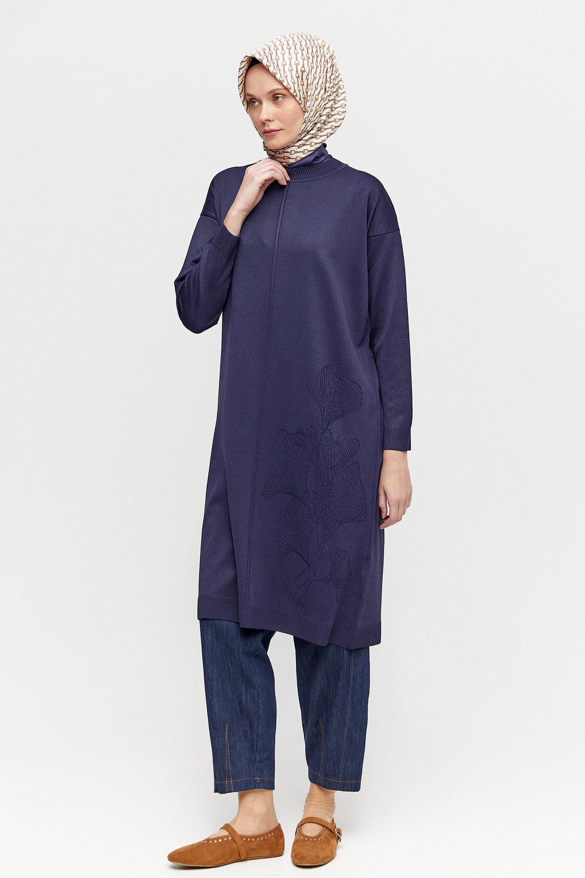 Yaprak Desenli Uzun Triko Tunik