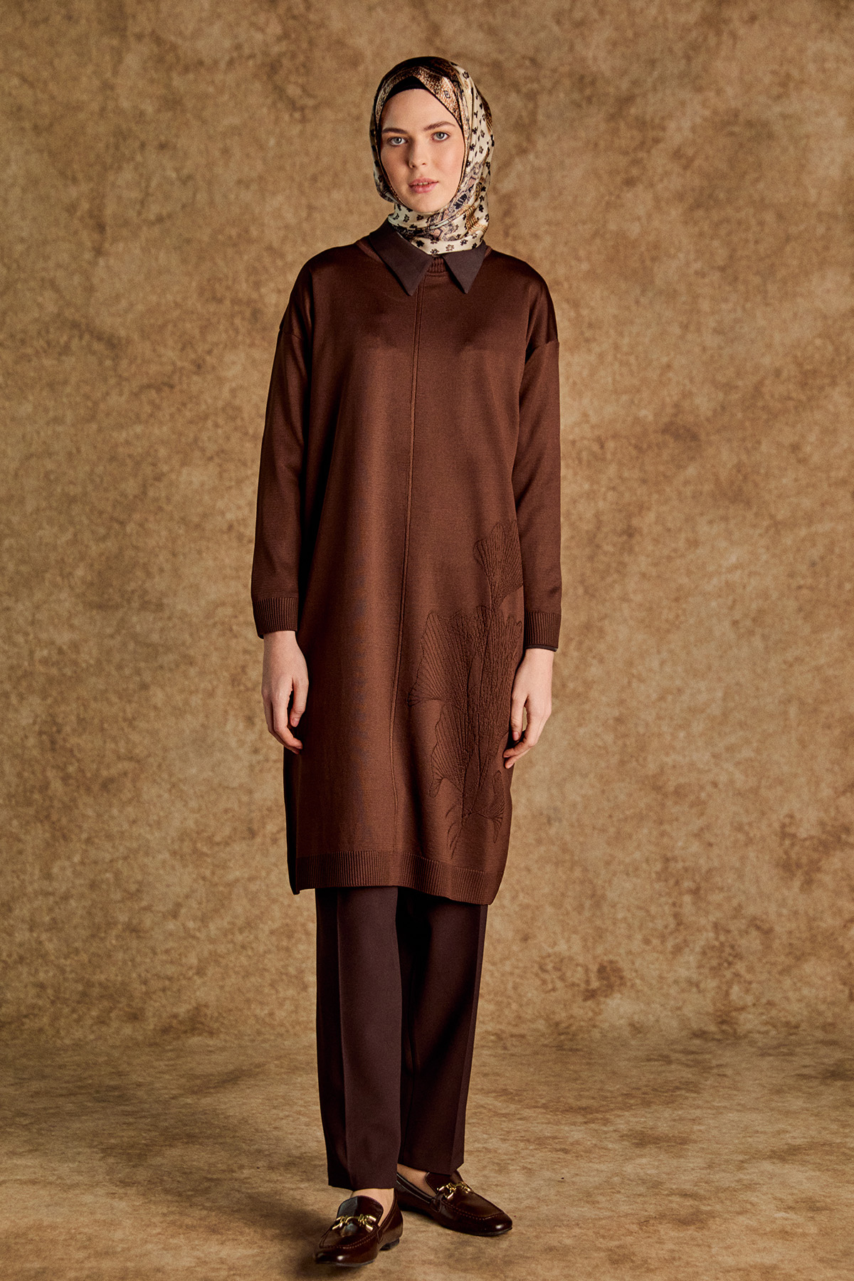 Yaprak Desenli Uzun Triko Tunik