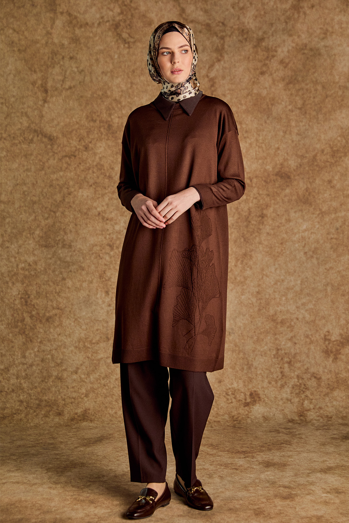 Yaprak Desenli Uzun Triko Tunik