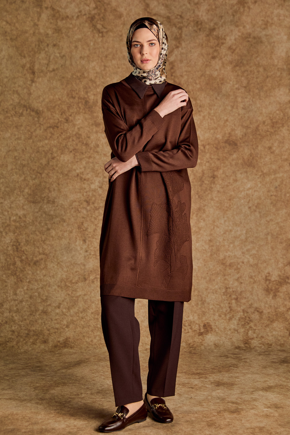 Yaprak Desenli Uzun Triko Tunik