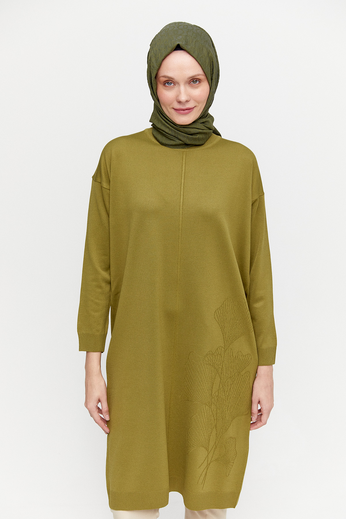 Yaprak Desenli Uzun Triko Tunik