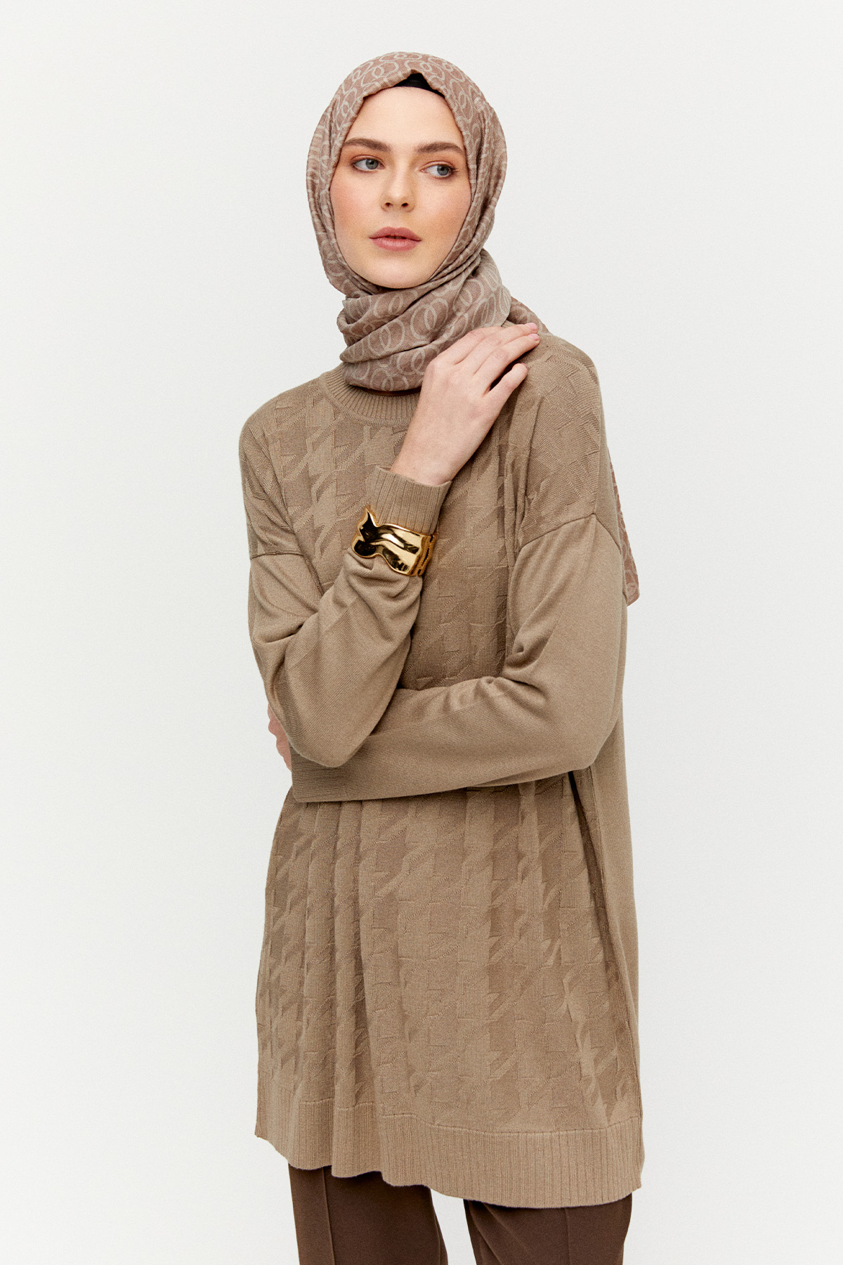 Kaz Ayağı Desenli Triko Tunik