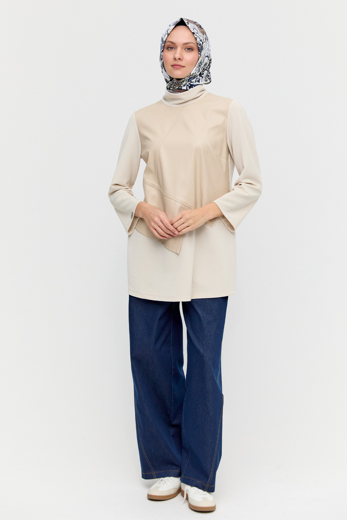 Asimetrik Suni Deri Kombinli Tunik