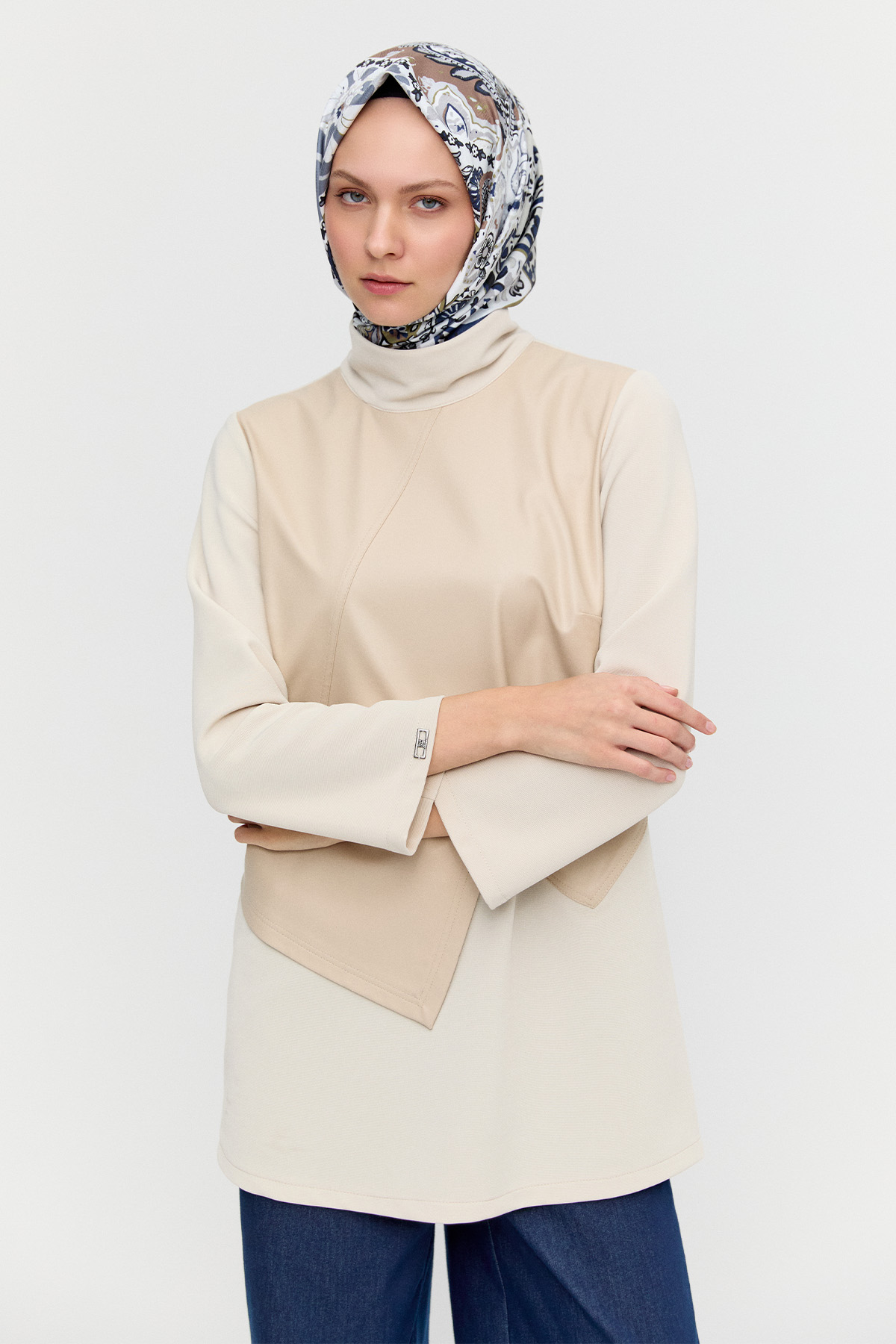 Asimetrik Suni Deri Kombinli Tunik