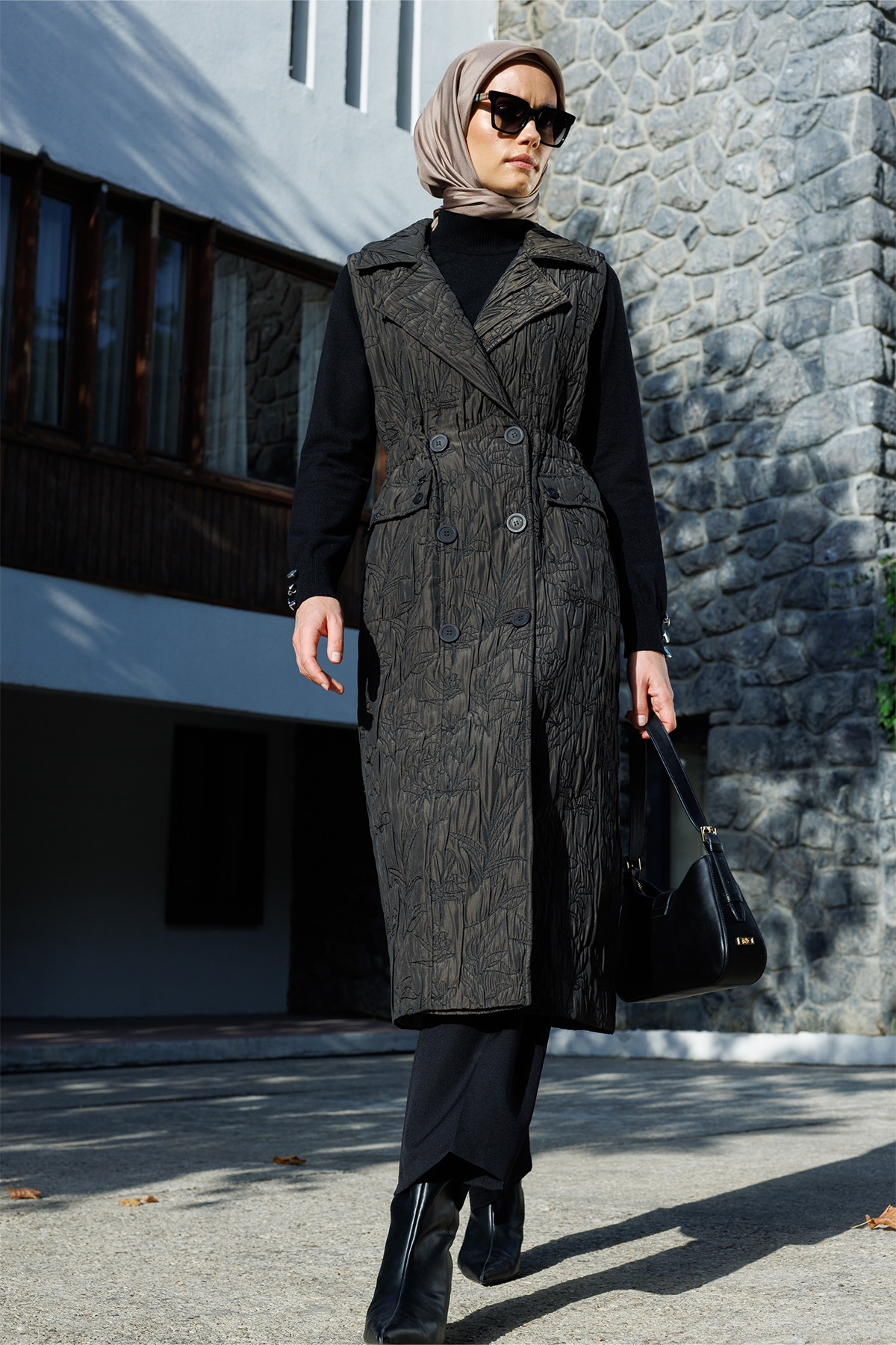 Çiçek Desenli Kruvaze Uzun Yelek