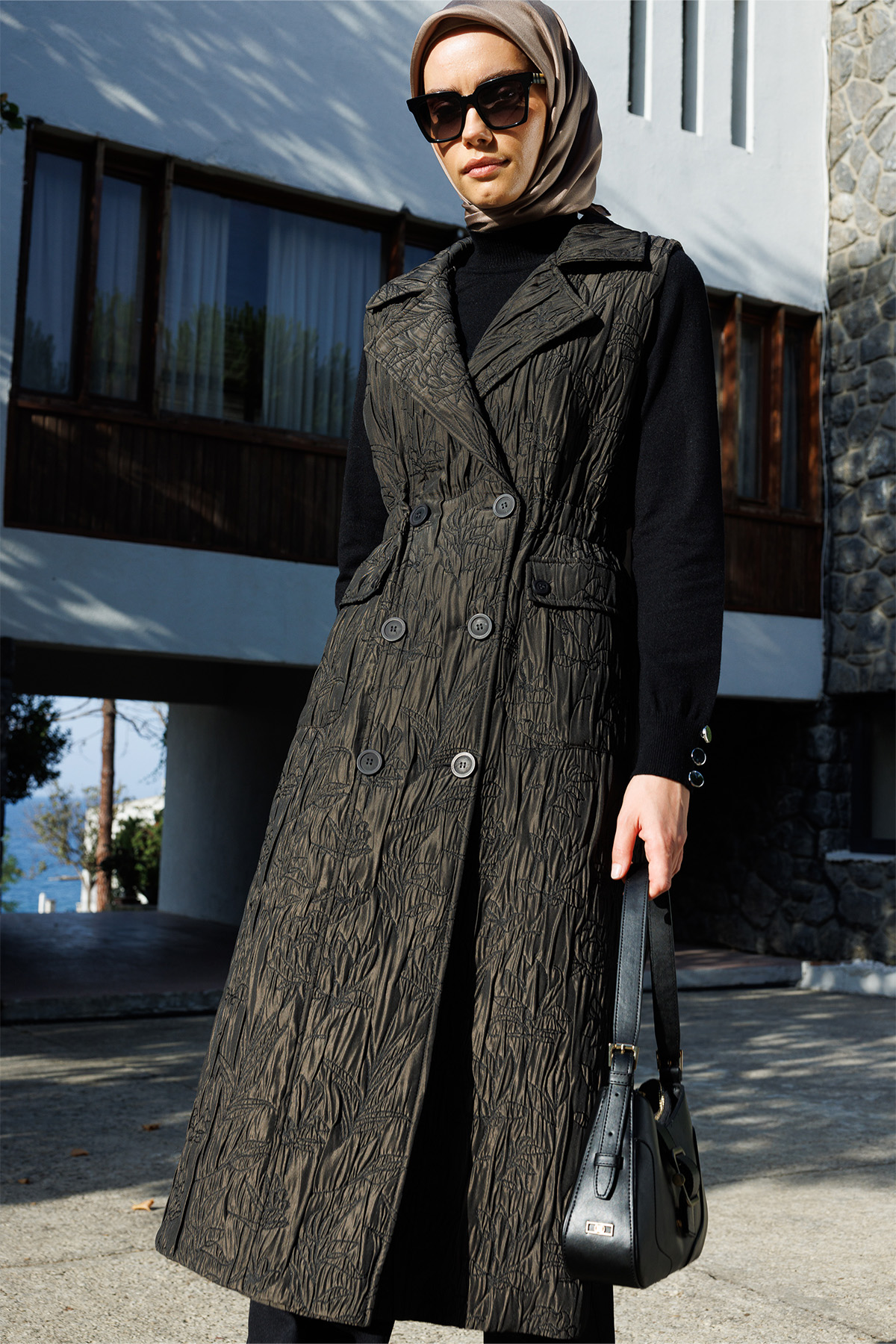 Çiçek Desenli Kruvaze Uzun Yelek