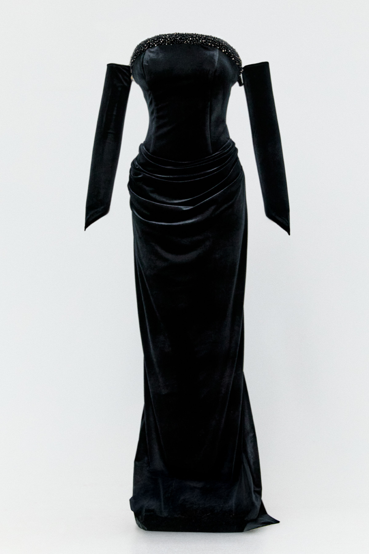 Drapeli Kadife Straplez Abiye Elbise, Tesettür Giyim