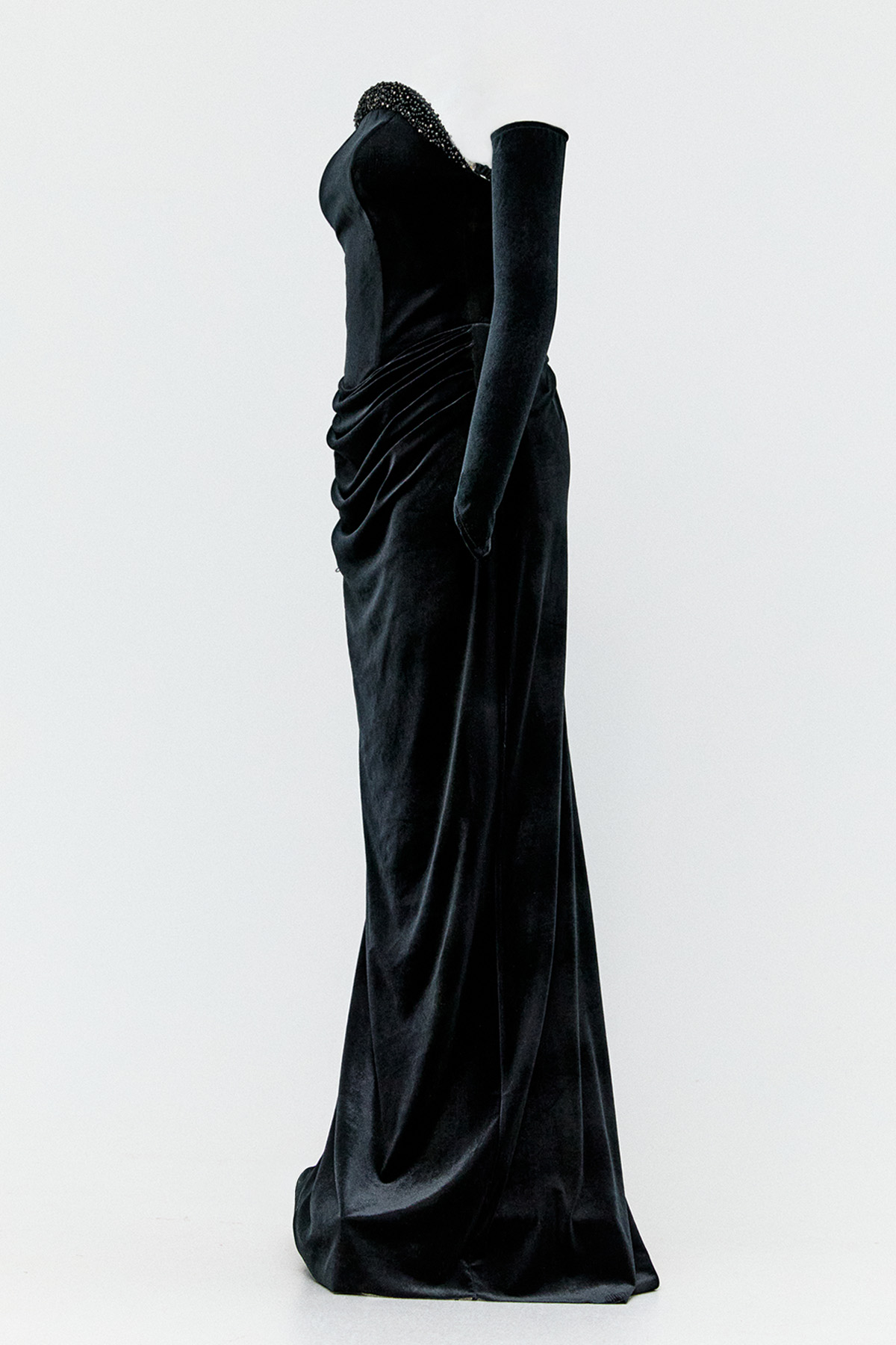 Drapeli Kadife Straplez Abiye Elbise, Tesettür Giyim