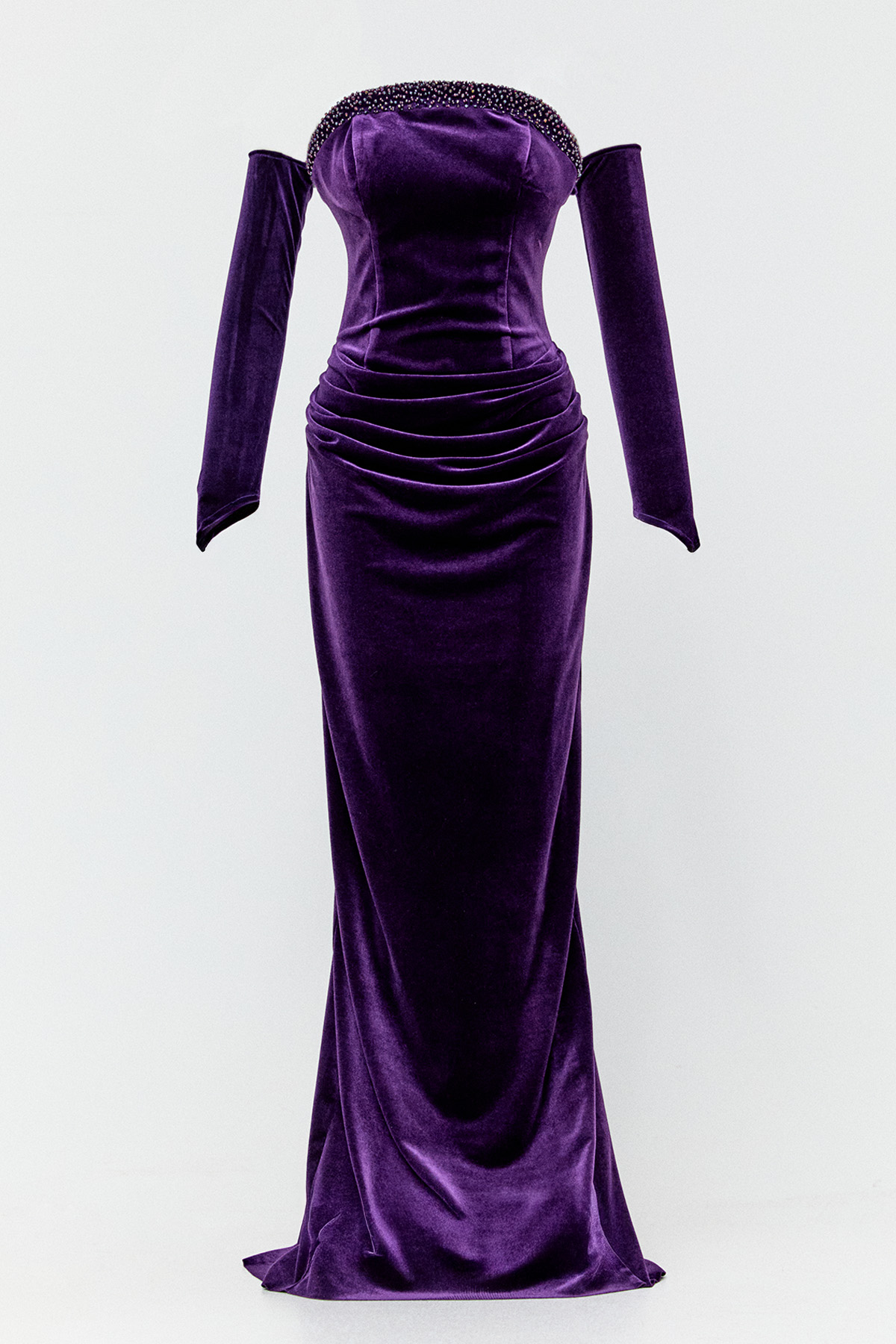 Drapeli Kadife Straplez Abiye Elbise, Tesettür Giyim