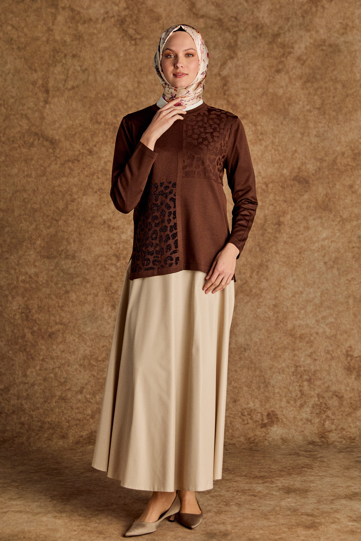 Leopar Desenli Sim Detaylı Triko Bluz