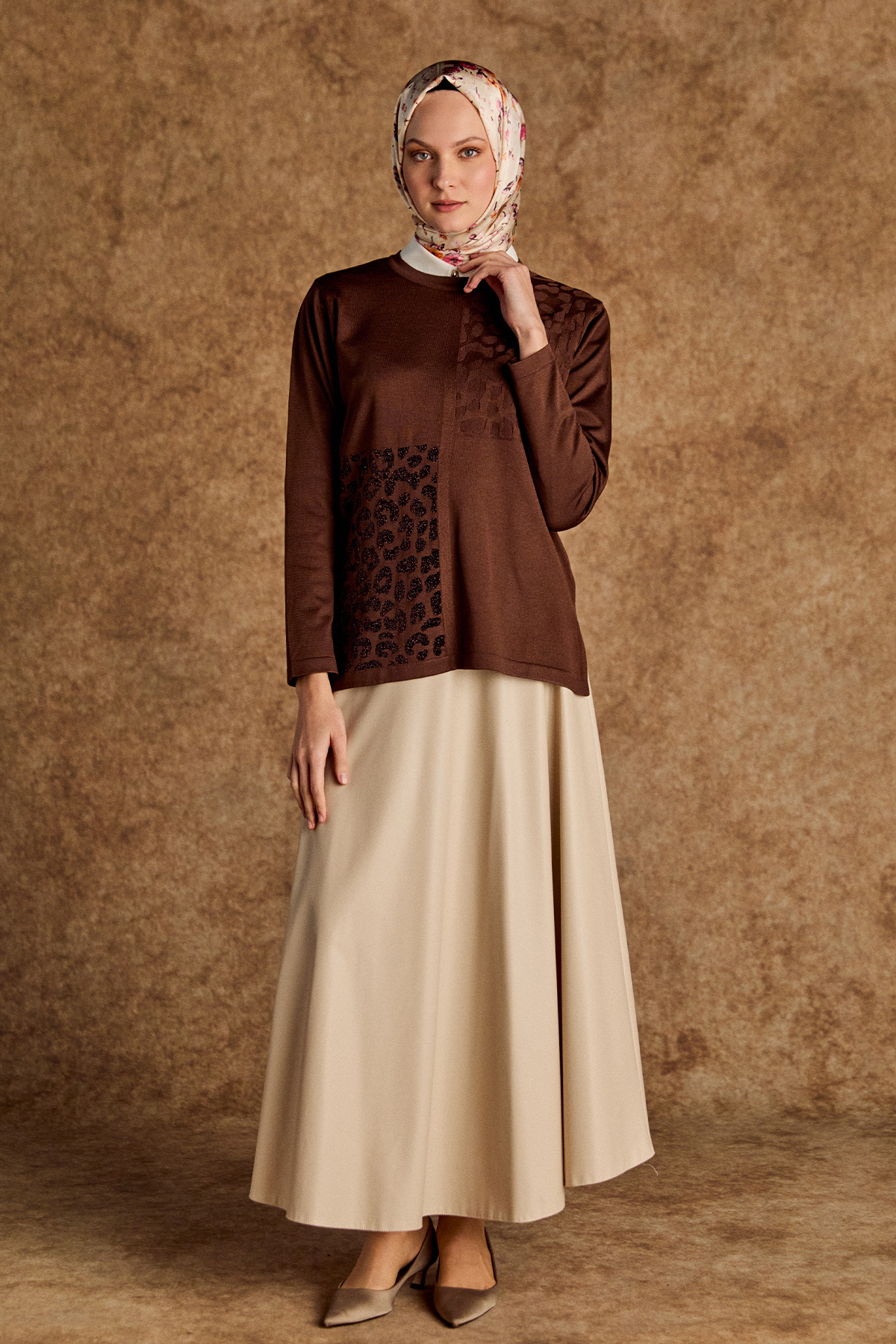 Leopar Desenli Sim Detaylı Triko Bluz