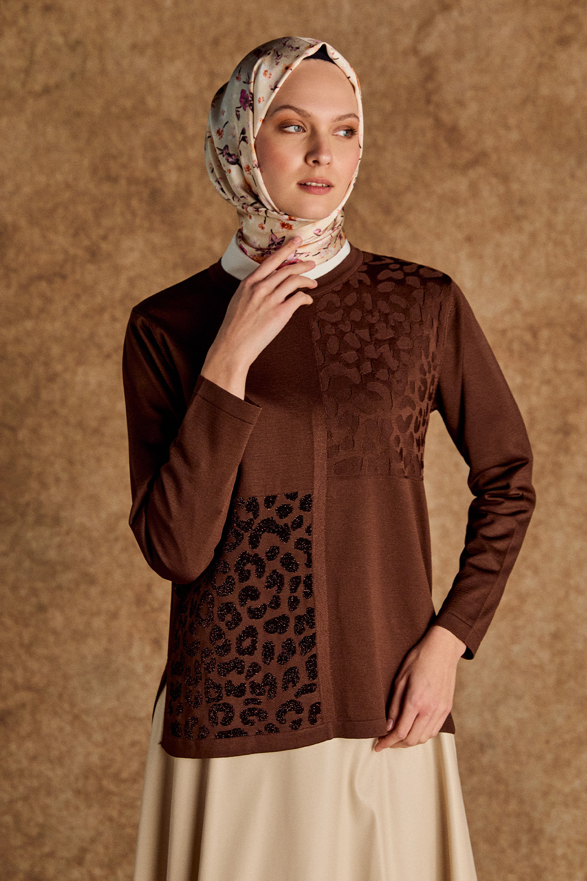 Leopar Desenli Sim Detaylı Triko Bluz