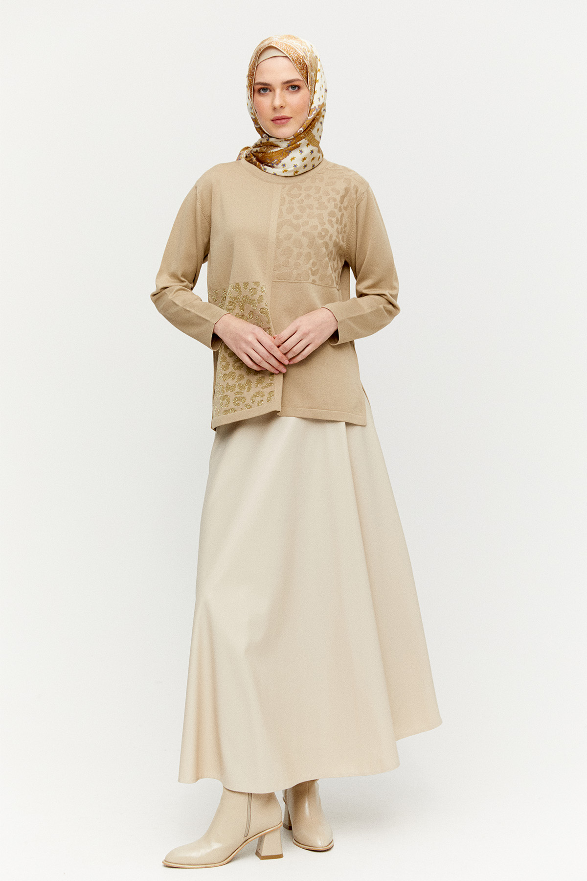 Leopar Desenli Sim Detaylı Triko Bluz