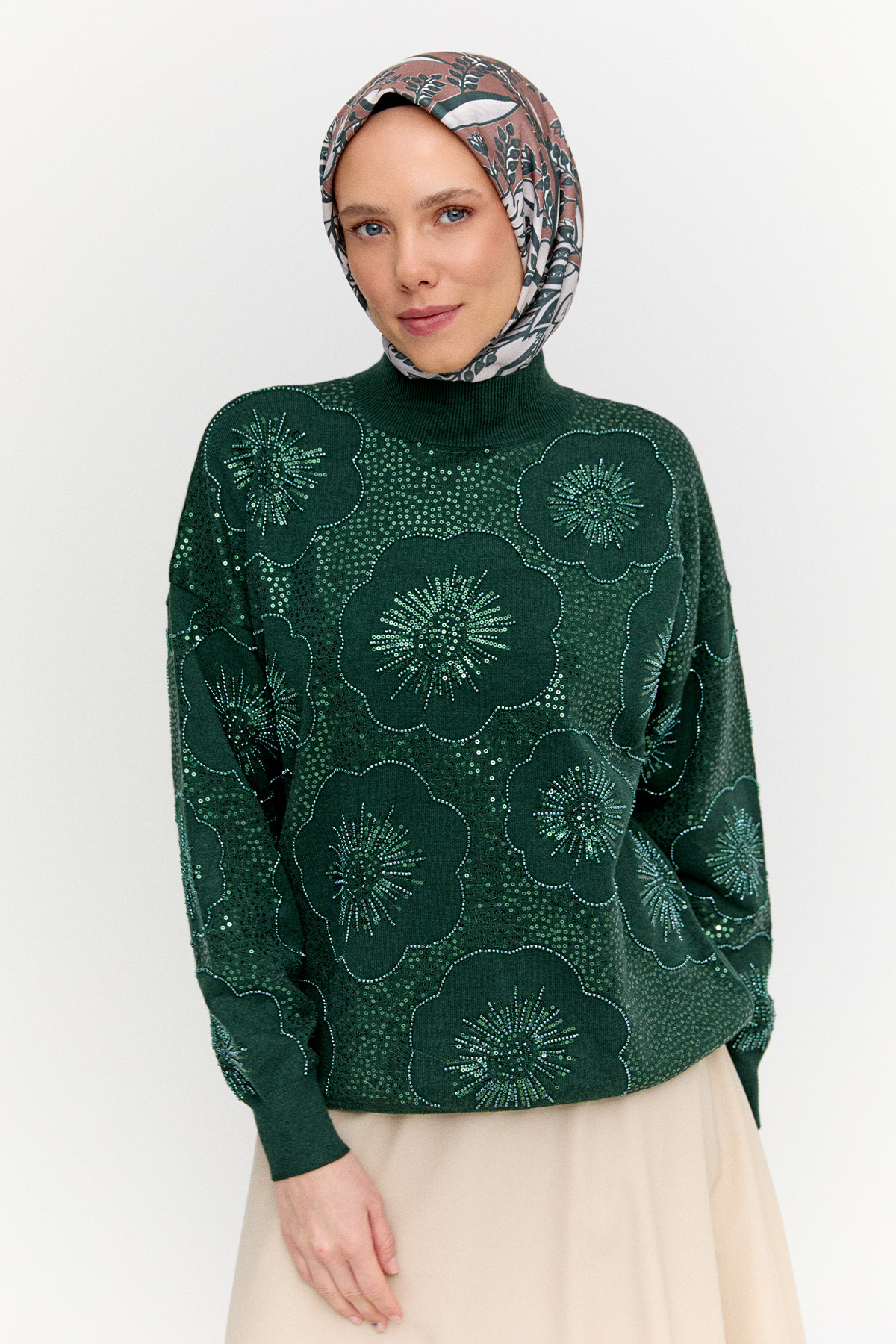 Çiçekli Yarım Balıkçı Triko Bluz, Tesettür Giyim