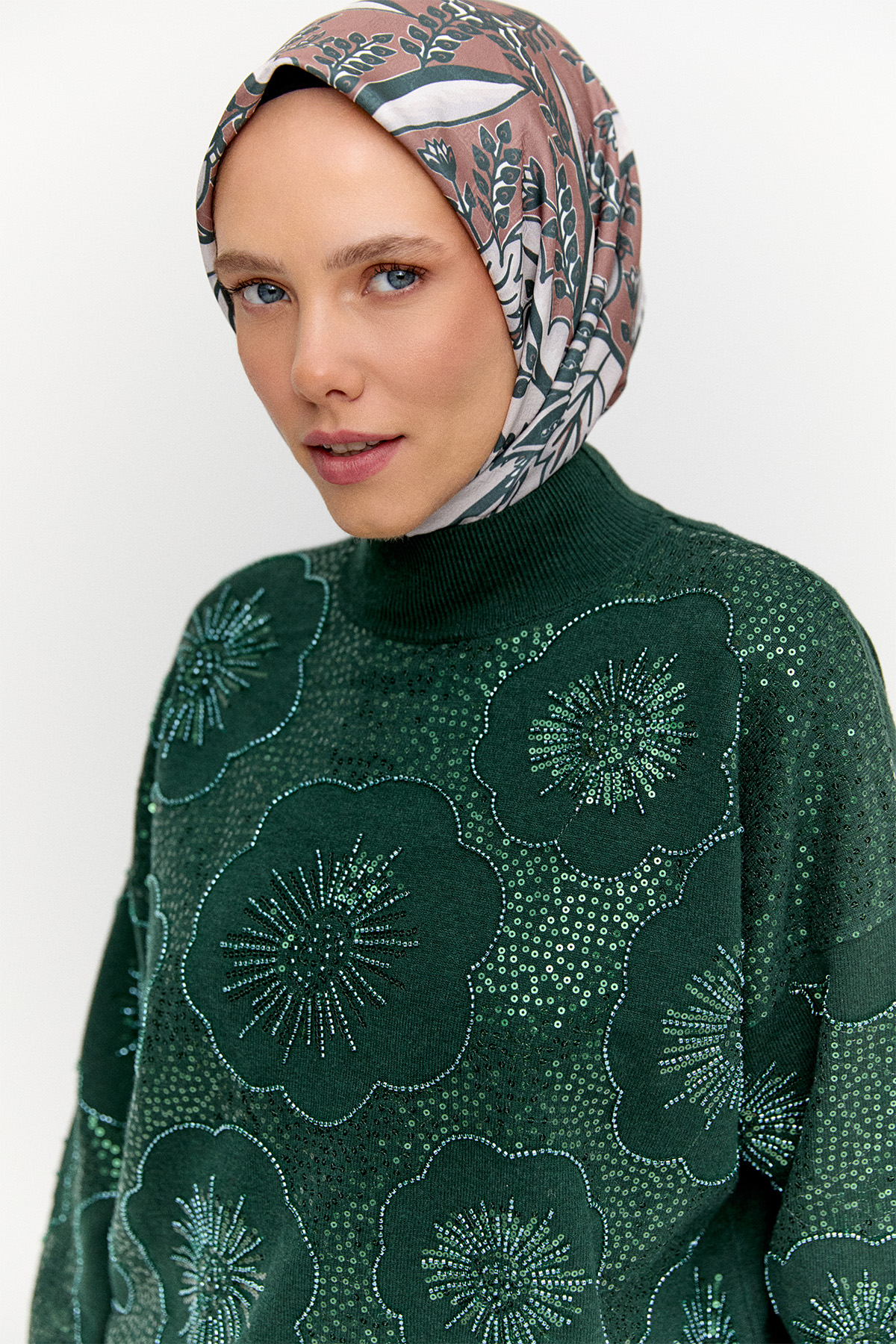 Çiçekli Yarım Balıkçı Triko Bluz, Tesettür Giyim