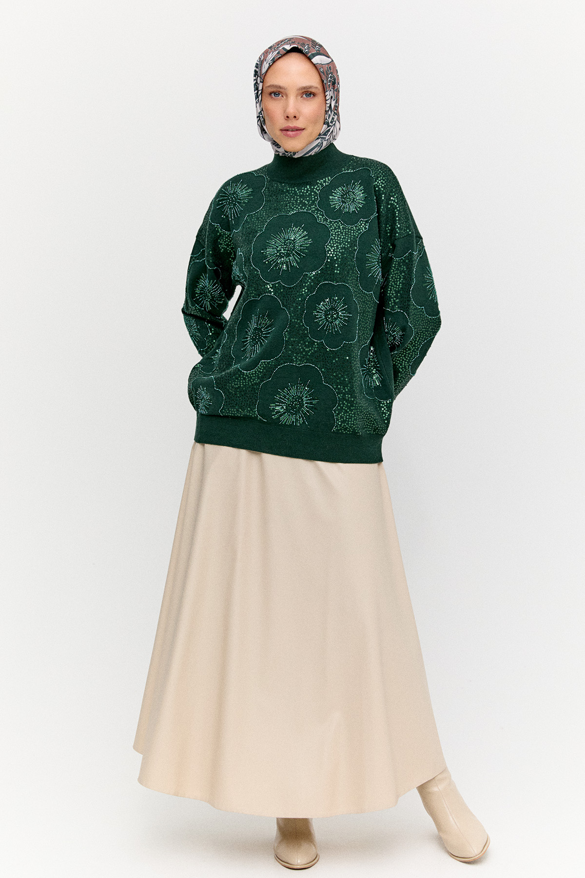 Çiçekli Yarım Balıkçı Triko Bluz, Tesettür Giyim