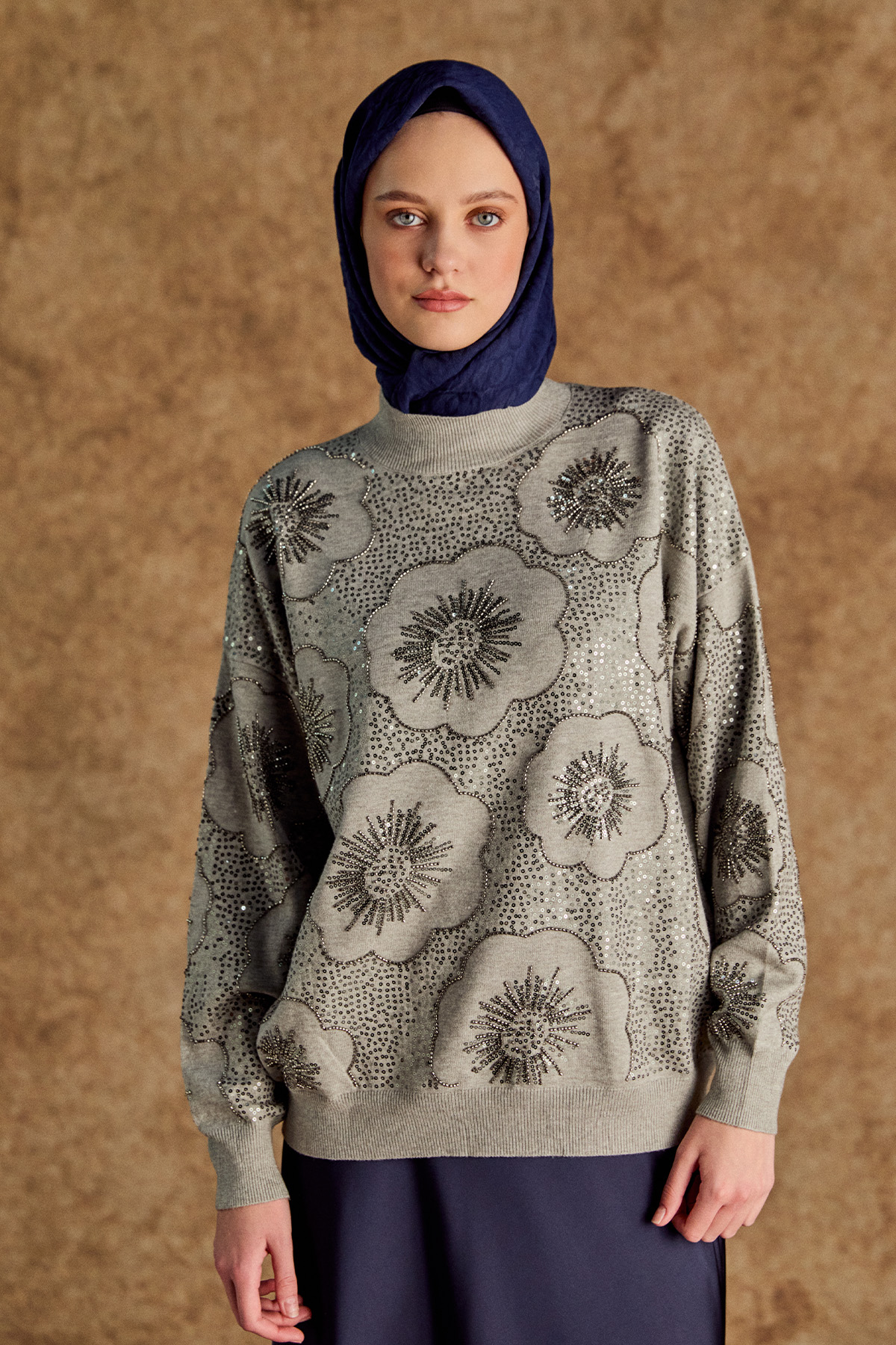 Çiçek Desenli Yarım Balıkçı Triko Bluz