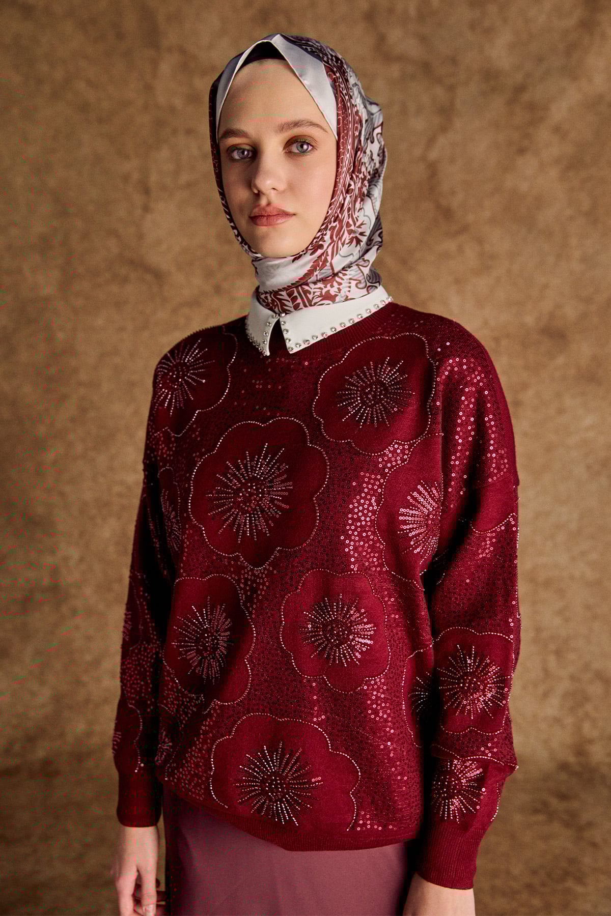 Çiçek Desenli Yarım Balıkçı Triko Bluz