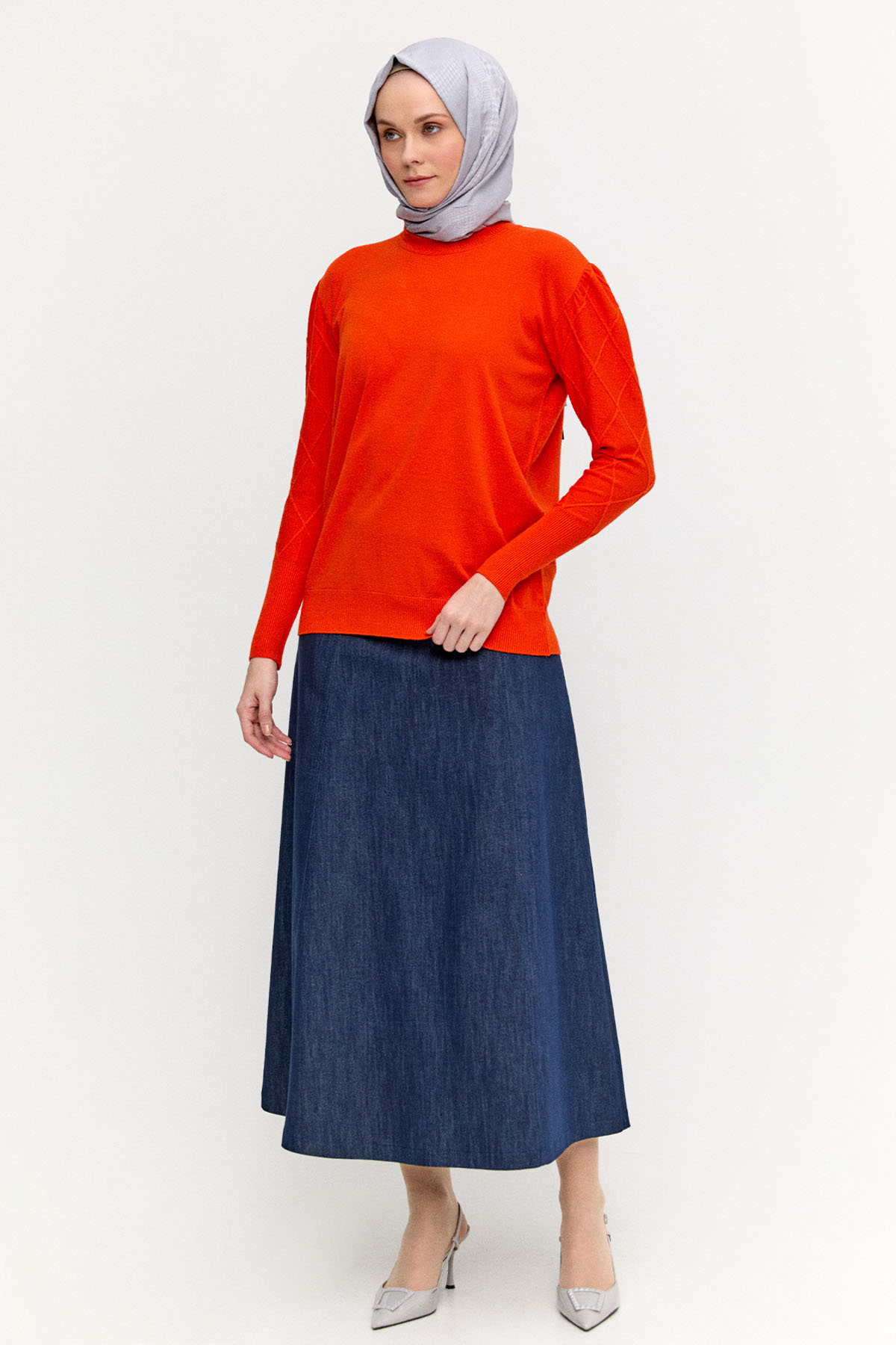 Baklava Desenli Ribanalı Triko Bluz, Tesettür Giyim