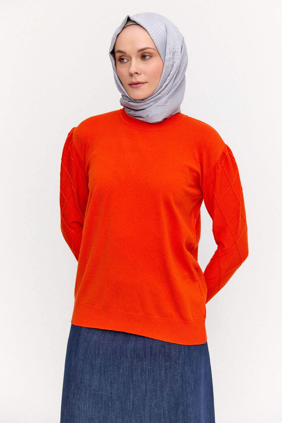 Baklava Desenli Ribanalı Triko Bluz, Tesettür Giyim