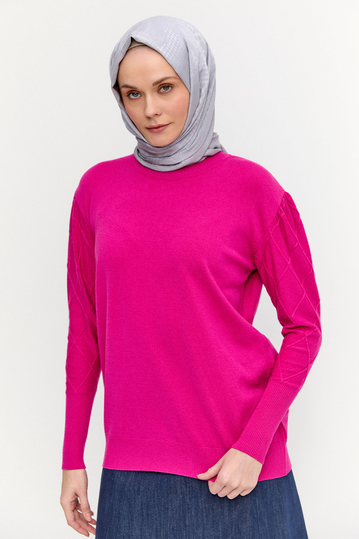 Baklava Desenli Ribanalı Triko Bluz, Tesettür Giyim