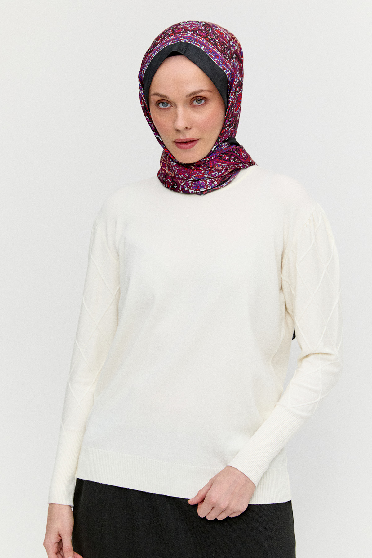 Baklava Desenli Ribanalı Triko Bluz, Tesettür Giyim